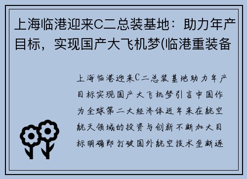 上海临港迎来C二总装基地：助力年产目标，实现国产大飞机梦(临港重装备产业区h23-01地块)